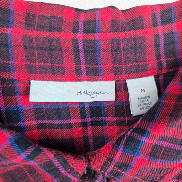 Halogen Embellished Plaid Button Down Shirt Red Jewel Detail Flannel Size Medium - Picture 7 of 12